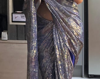 Sari bordado con lentejuelas azules ombré/Ropa de fiesta de Bollywood/Sari para mujer/Ropa india para mujer