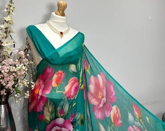 Pink Chiffon Floral Saree: Wedding & Occasion Wear | Indian Women's Clothing