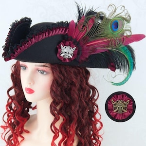 Steampunk Victorian Pirate Hat | Black, Burgundy, & Silver or Bronze / Antique Brass | Fantasy Renaissance Festival