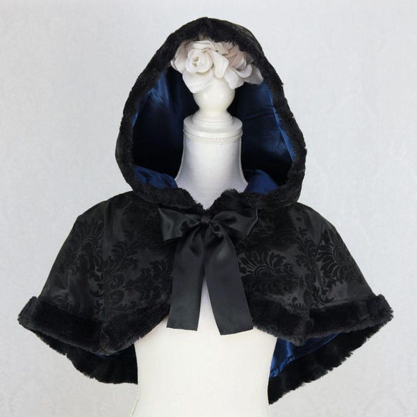 Victorian Steampunk Bridal Short Cloak Capelet - Navy Blue and Black