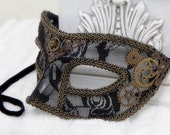 Steampunk Mask | Gaslight Romance | Masquerade Mask, Venetian Mask, Black Lace Mask, Hand Painted, Fairy Masquerade