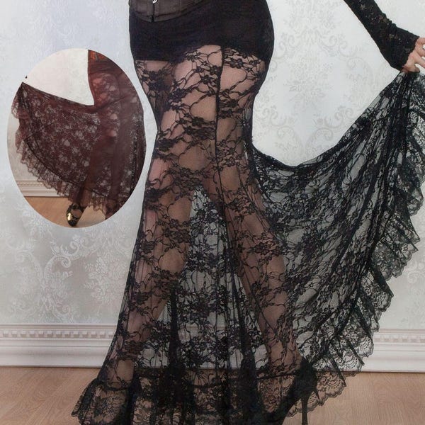 Gothic Elegance Black Lace Skirt | Full Length, Long Maxi, Fit and Flare, Lace Ruffle