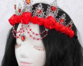Queen of Hearts Crown | Red roses gothic Alice in wonderland crown crystals metal filigree
