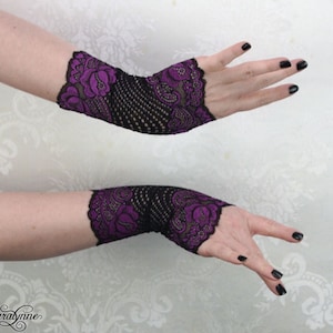 Purple Passion Lace Fingerless Gloves | Women&#39;s Black & Plum Rose Arm Warmers, Gothic Goth Accessories