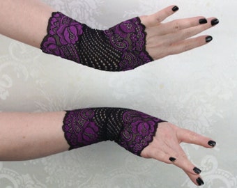 Purple Passion Fingerlose Spitzenhandschuhe | Damen Black & Plum Rose Armstulpen, Gothic Goth Accessoires