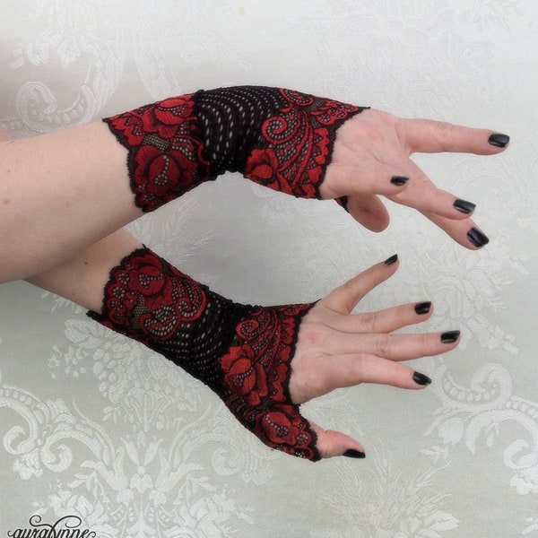 Fingerless Gloves | Roses are Red | Festival Accessories, Gloves Women, Lace Gloves, Lace Arm Warmers, Red Rose Arm Warmers