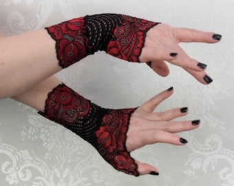 Fingerless Gloves | Roses are Red | Festival Accessories, Gloves Women, Lace Gloves, Lace Arm Warmers, Red Rose Arm Warmers