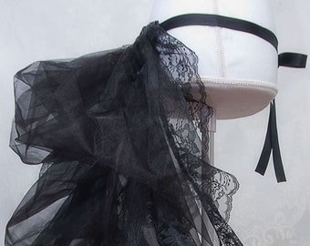 Black Victorian Steampunk Bustle, Womens Showgirl Burlesque Costume, Long Organza Ruffled Lace