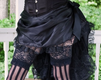 jupe vintage Diva Victorian Steampunk Bustle en satin noir - Prête à expédier