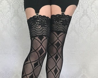 Cirque Noir Harlequin Diamond Stockings | Sexy Lingerie, Dark Circus Thigh Highs, Fishnet Garter Tights