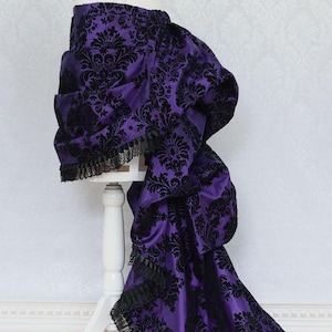 Temptress Victorian Steampunk High Low Bustle Skirt - Purple and black taffeta velvet damask, black lace trim