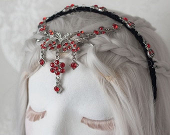 Ruby Enchantress Headband | Silver Plated Medieval Renaissance Fairy Headpiece, Red Rhinestones, Fairytale Wedding Accessory