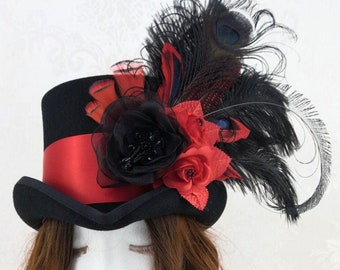 Victorian Sass black and red Steampunk Top hat