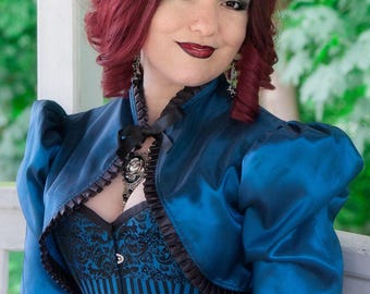 Bella Blue Steampunk Bolero Shrug | Taffeta Victorian Gothic High Neck Cropped Jacket, Dark Teal