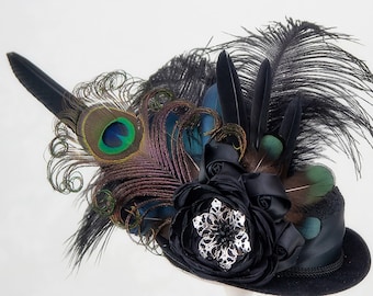 Black Steampunk Mini Top Hat | Sable Siren | Gothic Wedding, Festival Hat, Steampunk Hat, Peacock Feathers