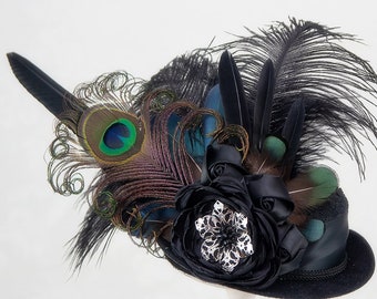 Sable Siren Black Steampunk Mini Top Hat | Peacock & Ostrich Feathers, Festival Costume Accessory