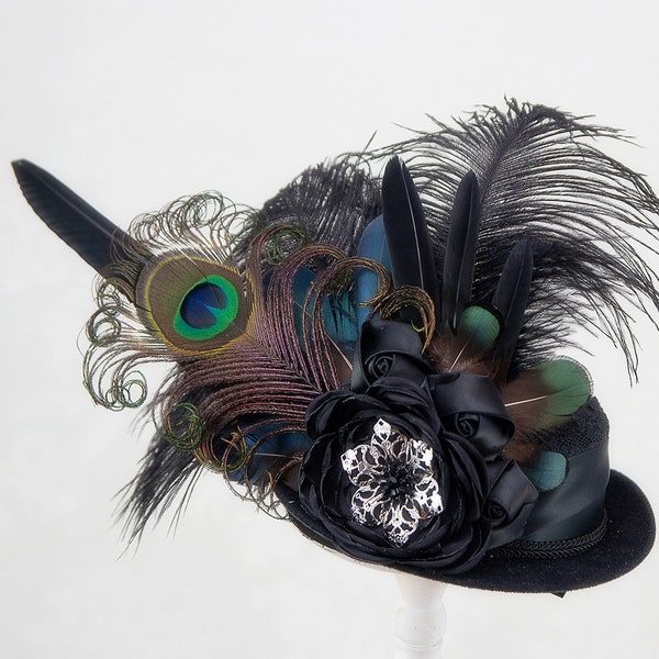 Sable Siren Black Steampunk Mini Top Hat | Peacock & Ostrich Feathers, Festival Costume Accessory