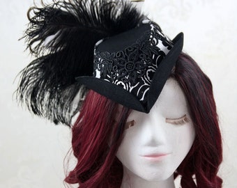 Gothic Delight Steampunk Victorian Wedding Hat | Bridal Costume Accessory, White Damask, Lace and Feathers