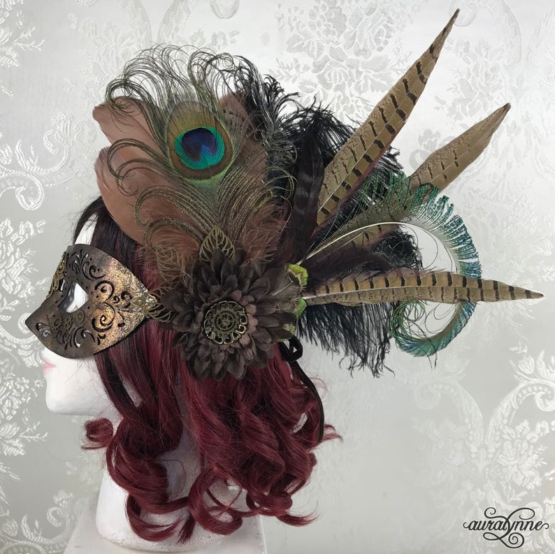 Steampunk Mask Lady Peacock Masquerade Mask, Venetian Mask, Brown Leather Mask, Fairy Masquerade image 1