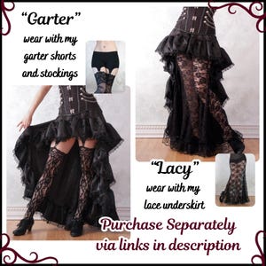 May include: Two black skirts with lace and satin details. The skirt on the left is labeled "Garter" and the skirt on the right is labeled "Lacy". The text "Purchase Separately via links in description" is at the bottom of the image.