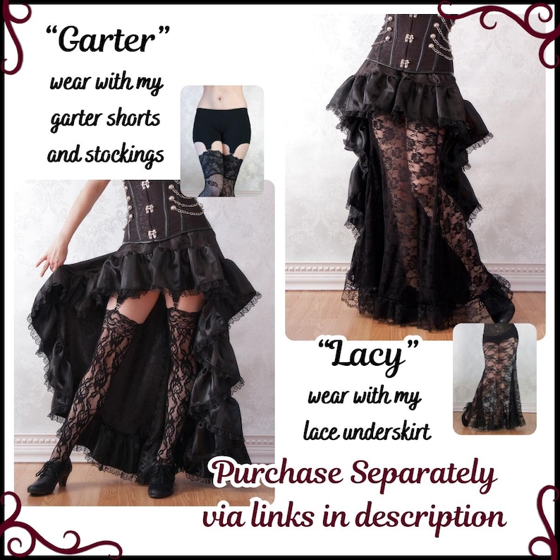 May include: Two black skirts with lace and satin details. The skirt on the left is labeled "Garter" and the skirt on the right is labeled "Lacy". The text "Purchase Separately via links in description" is at the bottom of the image.