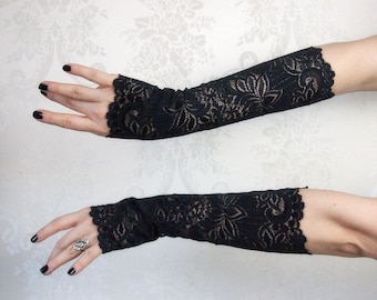 Mitaines exotiques Elegance | Manchettes uniques noires en dentelle de lotus transparente florale noire