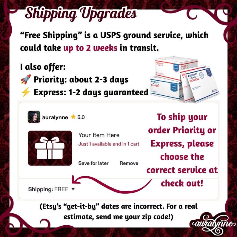 May include: An informational graphic titled Shipping Upgrades with text explaining USPS ground, Priority, and Express services. It includes images of shipping boxes, a mock Etsy cart interface, and instructions to select shipping at checkout.
