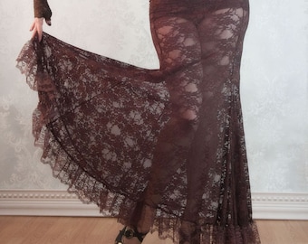 Gaslight Romance Steampunk Maxi Skirt | Brown Ruffle Lace, Long Full Flared Bell Mermaid Shape