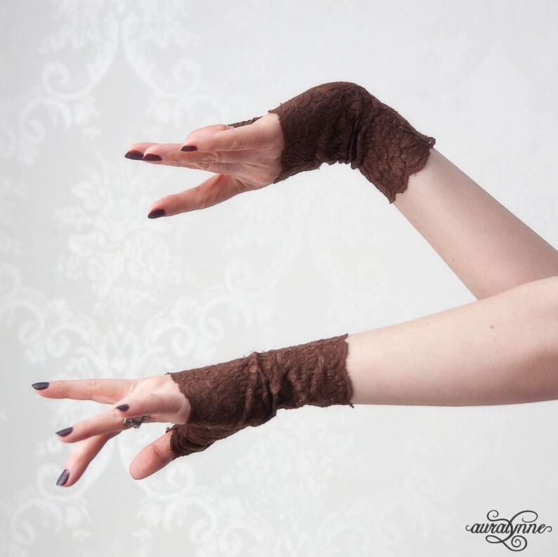 Fingerless Gloves Gaslight Romance Steampunk Clothing, Steampunk Accessory, Lace Gloves, Steampunk Style, Brown Wedding Gloves image 2