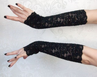 Guantes negros sin dedos de encaje / Accesorios góticos florales hasta el codo, elegantes calentadores de brazos góticos transparentes