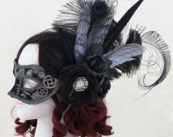 Black and Silver Steampunk Masquerade Mask | Venetian style with Metal Gears & Peacock Feather Fascinator