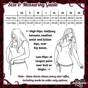 May include: A black and white size and measuring guide chart featuring two line-art illustrations of a person measuring their high and low hips. The chart includes a table with sizes XS through 4X and corresponding measurements in inches.
