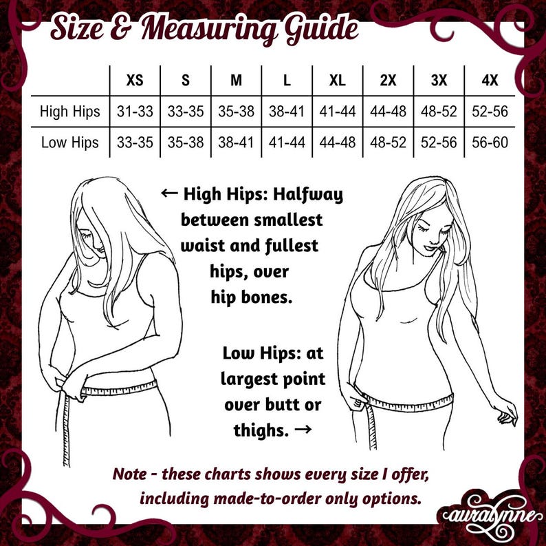 May include: A black and white size and measuring guide chart featuring two line-art illustrations of a person measuring their high and low hips. The chart includes a table with sizes XS through 4X and corresponding measurements in inches.