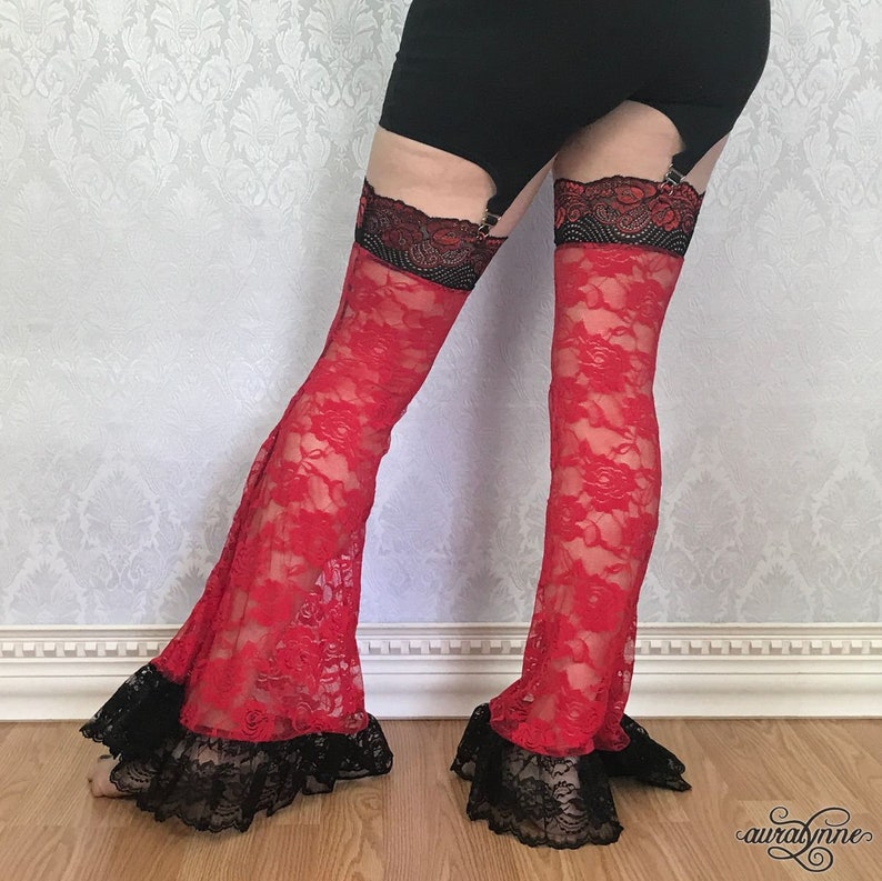 Roses are Red Lace Garter Leggings Festival Leg Warmers, Burning Man Clothing, Festival Fashion, Sheer floral lace image 3