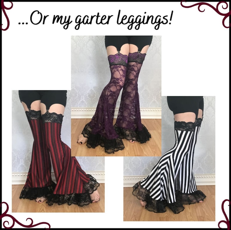 May include: Three pairs of black and white striped leggings with black lace trim. The leggings have a garter belt attached to the top. The leggings are shown in red and white, black and white, and purple and black.