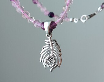 light as a feather  - sterling silver feather charm and purple flourite necklace