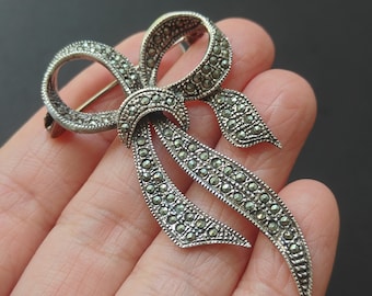 925 Sterling Silver Vintage Real Marcasite Openwork Ribbon Pin Brooch