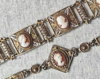 800 Silver Vintage Shell Cameo Filigree Bracelet