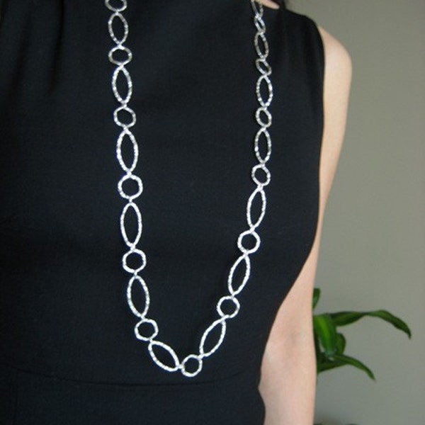 super long links necklace - sterling silver hammered linked chain necklace