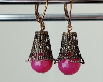 purple royalty - jade and vintage style bronze filigree earrings