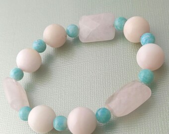Bubble gum - rose quartz amazonite and Jade beaded elastic bracelet