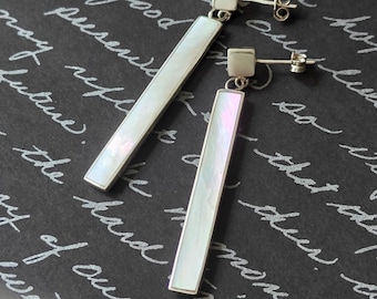 Sleek Mother of Pearl Bar Drop Earrings — Sterling Silver, 925 Stamped