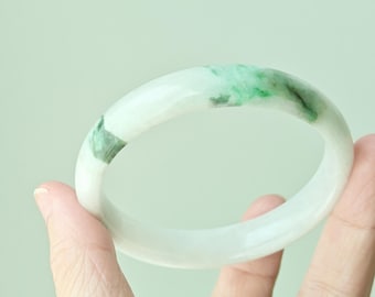Natural Burmese Jadeite Bangle Bracelet — White with Green Patches, Grade A, 57mm