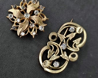 Antique Edwardian Victorian Gold Tone Brooch Pin Set, Art Nouveau Ivy and Floral Starburst