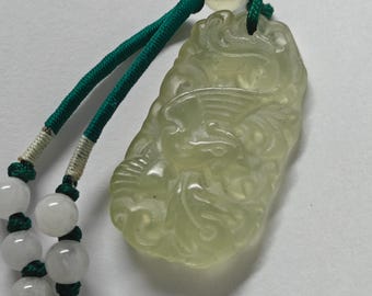 Vintage Carved Jade/Serpentine Phoenix Pendant Necklace
