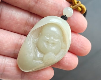 Hand-Carved White Jade Laughing Buddha Necklace — Vintage
