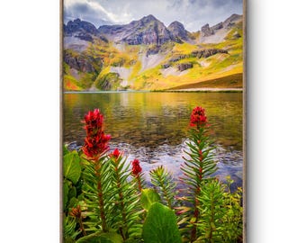 May include: A framed landscape print featuring a mountain range reflected in a lake. Red wildflowers and green foliage are in the foreground. The sky is cloudy with hints of blue. The frame is a light brown color.