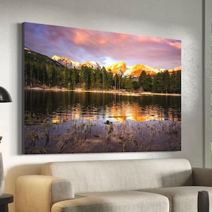 Colorado Sprague Lake Sunrise Print, Rocky Mountain National Park Reflection, Estes Park Alpine Photography Wall Art