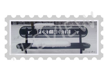 Fort Worth Bench Winter Scene Rectangle Stamp PNG Print Download TShirt Cards Bag