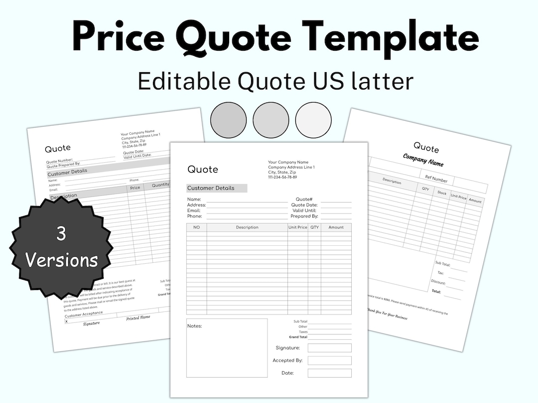 PRICE QUOTE Template, Editable Quotation Form, Price Offer Document for ...